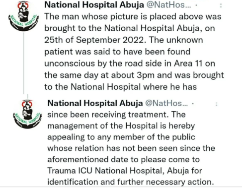 L'ospedale nazionale di Abuja condivide la foto di un uomo che è stato portato in stato di incoscienza un mese fa e non è stato visitato da nessun parente